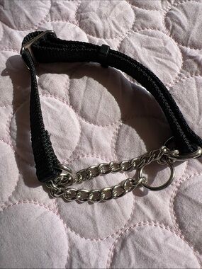 Adjustable Black Nylon Half-Check Dog Collar with Silver Chain